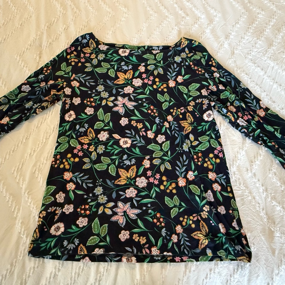 LOFT Navy Floral 3/4 Length Sleeve Blouse